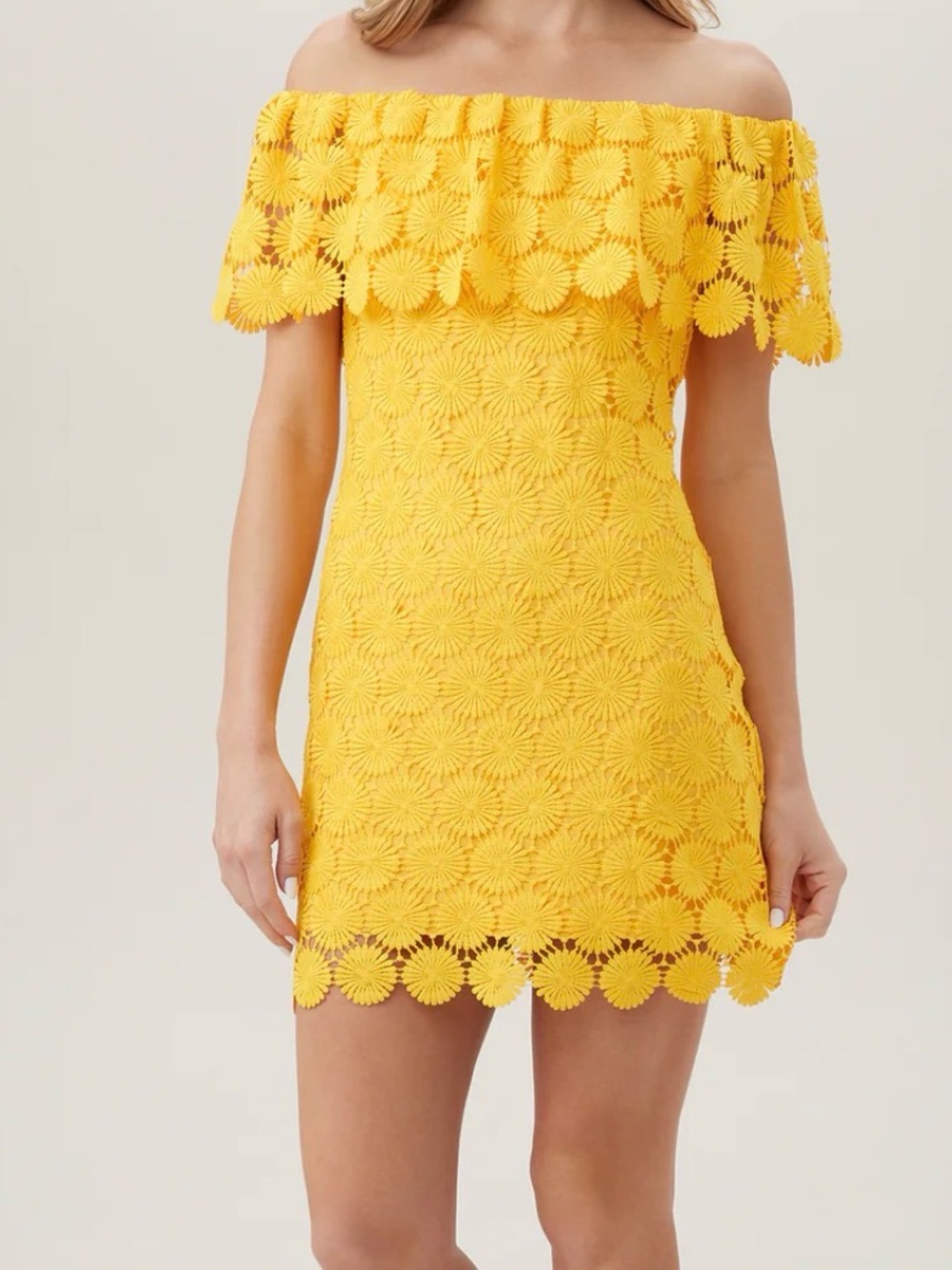 Trina Turk Bardot Dress - Yellow Off-Shoulder Lace Mini Dress